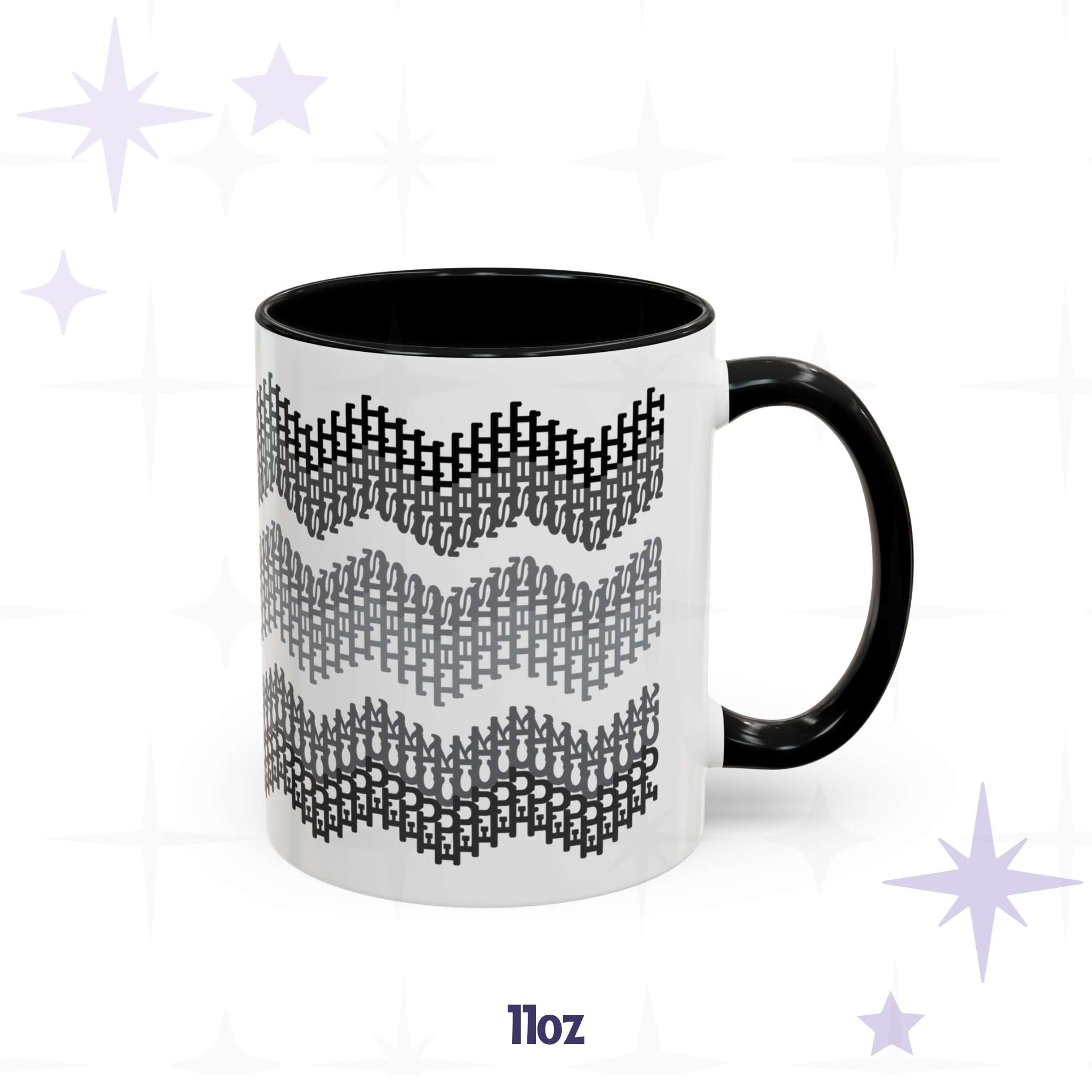 11oz hidden profanity accent mug with grayscale chevron swear word pattern, black handle and black interior, on branded background