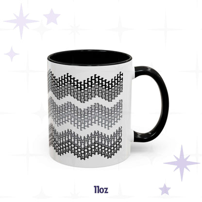 11oz hidden profanity accent mug with grayscale chevron swear word pattern, black handle and black interior, on branded background