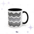 11oz hidden profanity accent mug with grayscale chevron swear word pattern, black handle and black interior, on branded background