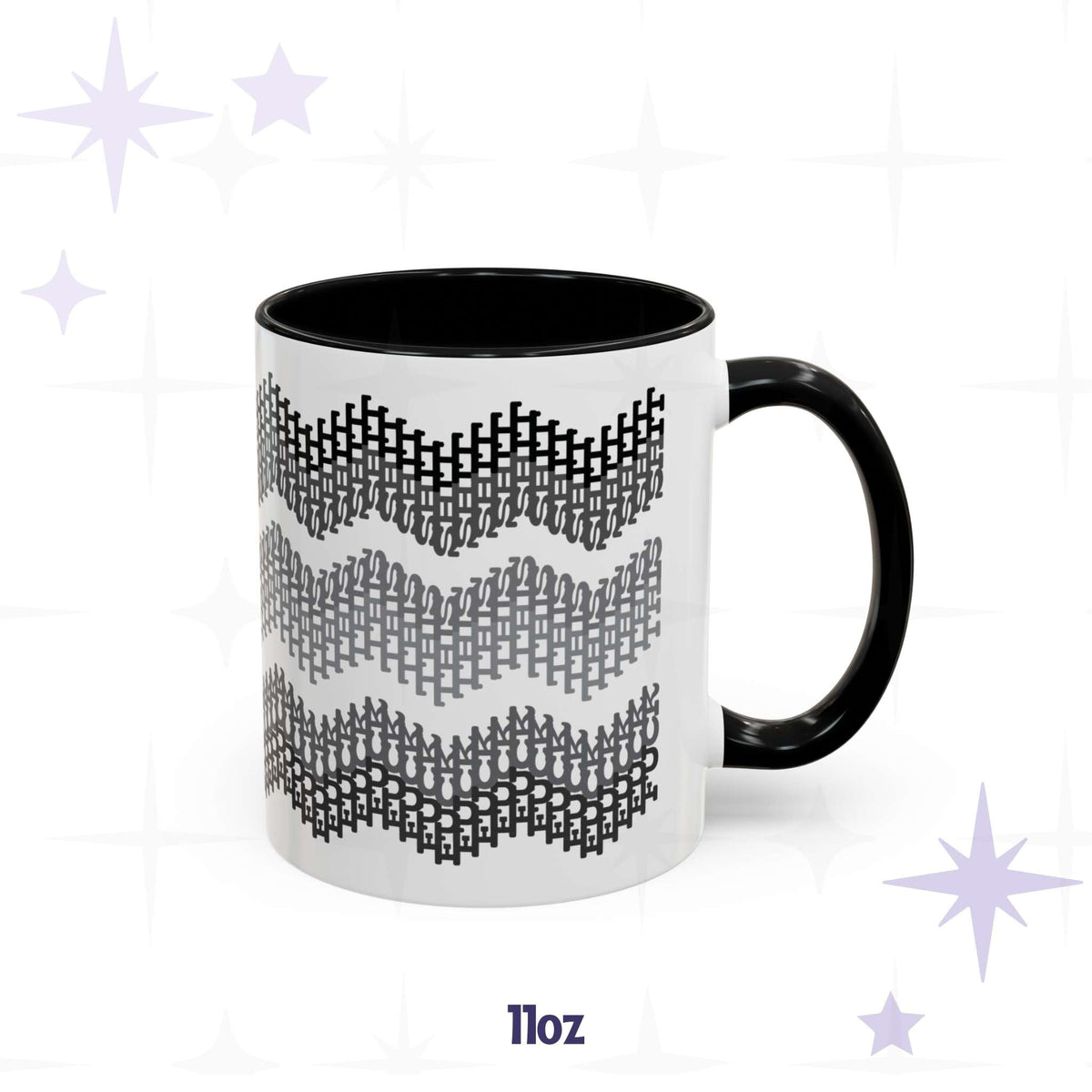 11oz hidden profanity accent mug with grayscale chevron swear word pattern, black handle and black interior, on branded background