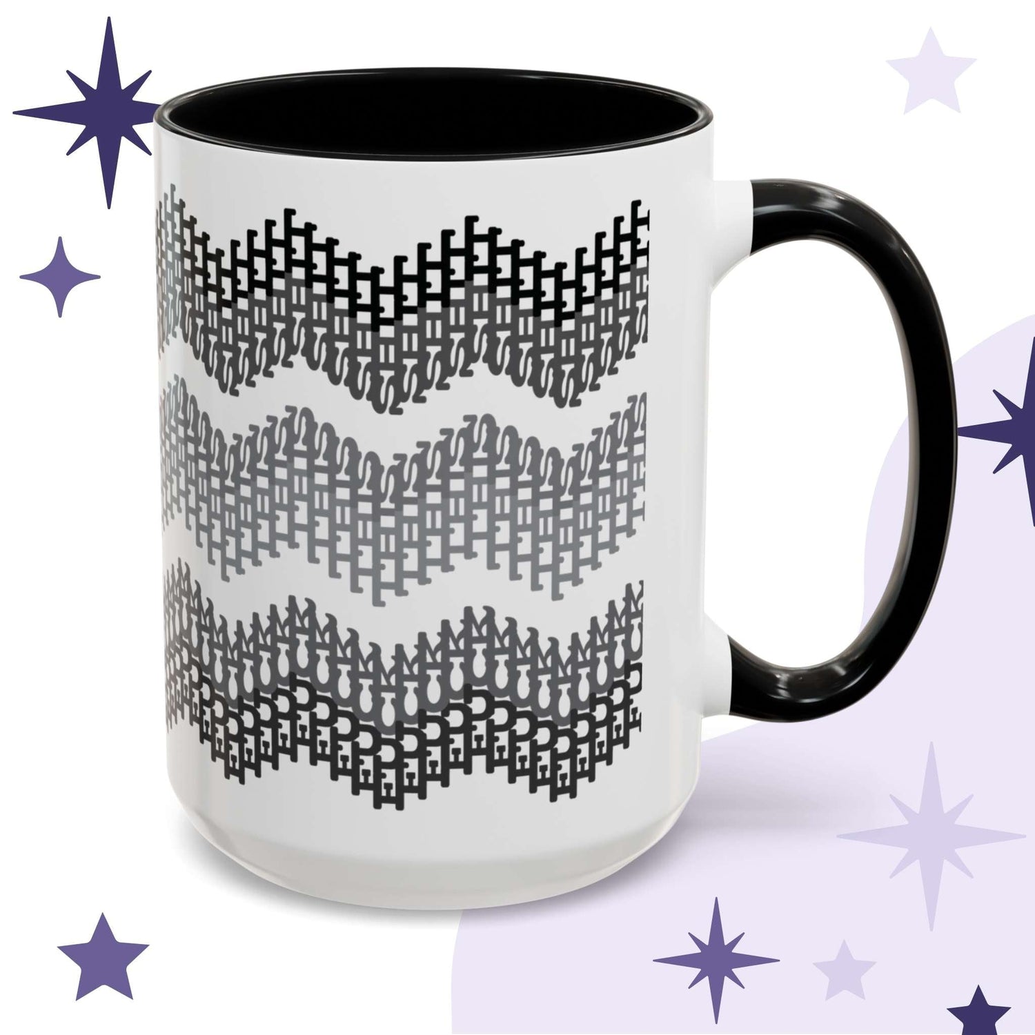 Hidden profanity accent mug with gray typographic chevron pattern spelling fuck this shit, black handle and interior, 15oz, on purple starfield background
