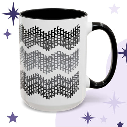 Hidden profanity accent mug with gray typographic chevron pattern spelling fuck this shit, black handle and interior, 15oz, on purple starfield background
