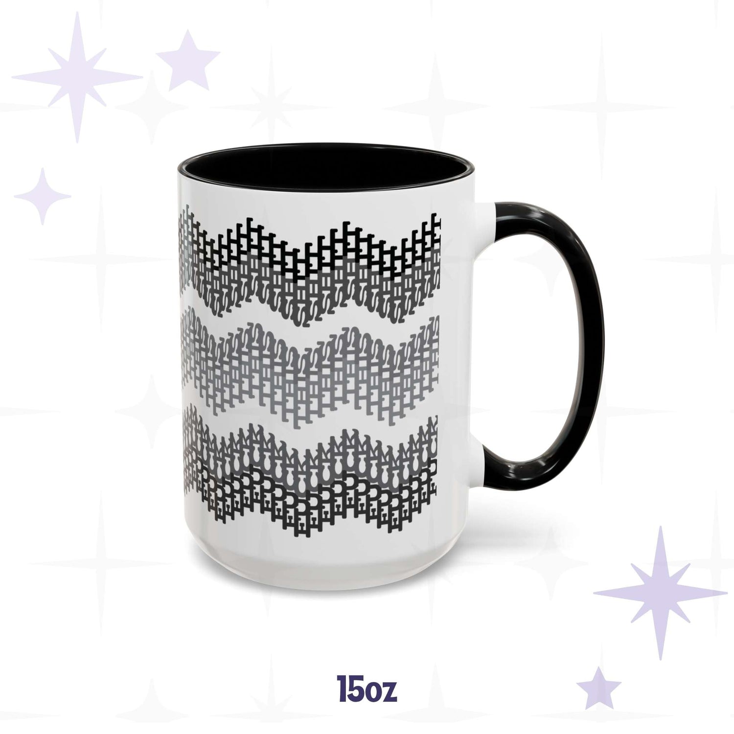15oz hidden profanity accent mug with gray typographic chevron pattern, black handle and interior, on branded background
