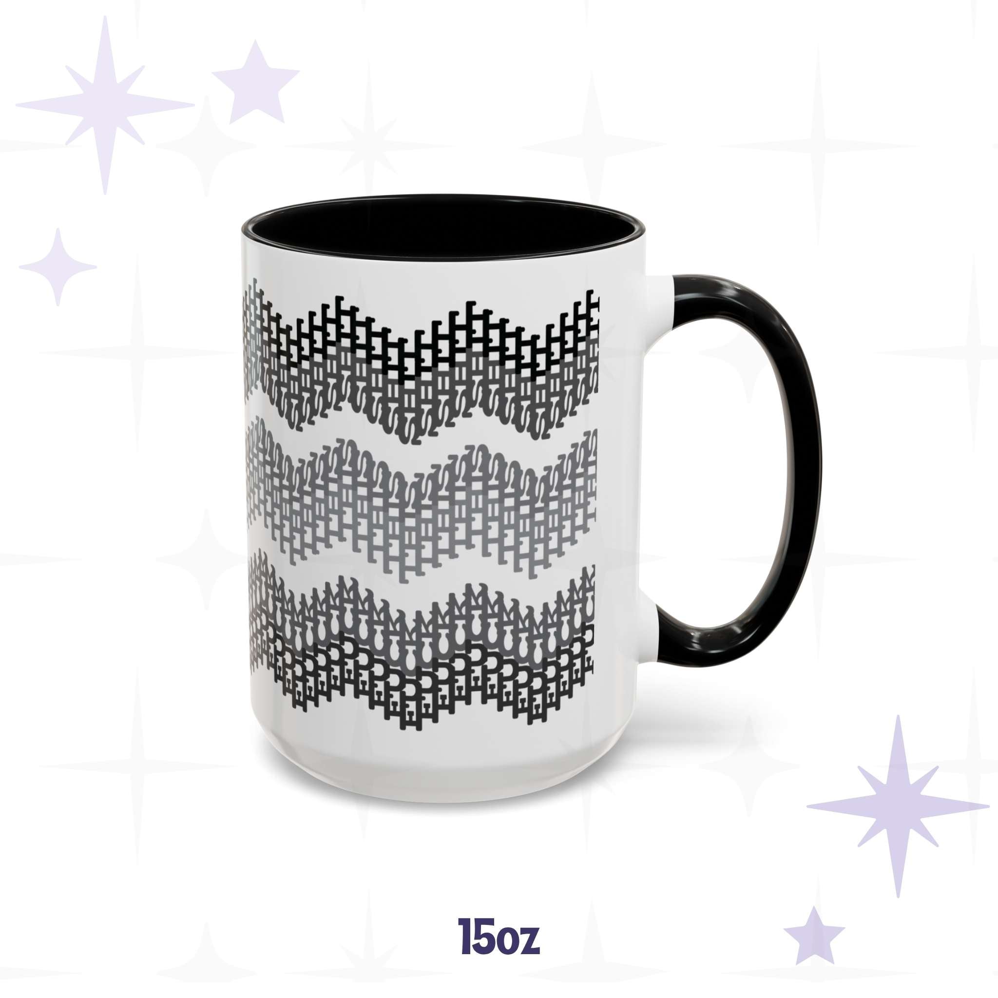 15oz hidden profanity accent mug with gray typographic chevron pattern, black handle and interior, on branded background
