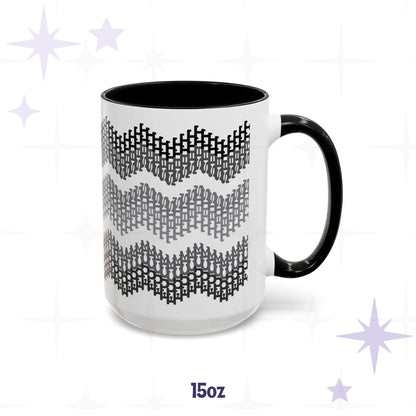 15oz hidden profanity accent mug with gray typographic chevron pattern, black handle and interior, on branded background
