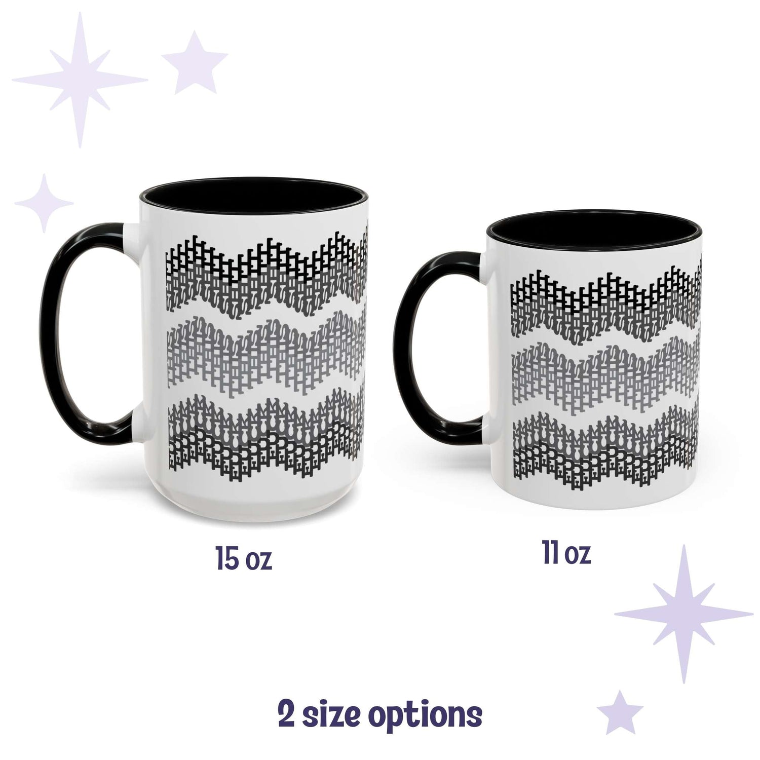 Hidden profanity accent mug in gray chevron shown in both 15oz and 11oz sizes side by side