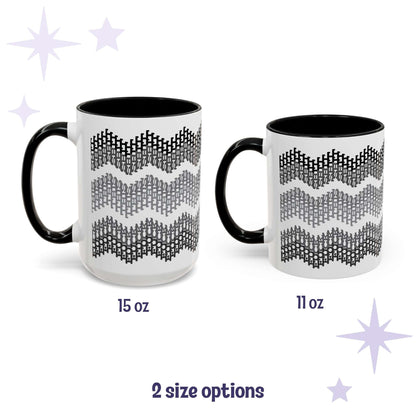 Hidden profanity accent mug in gray chevron shown in both 15oz and 11oz sizes side by side