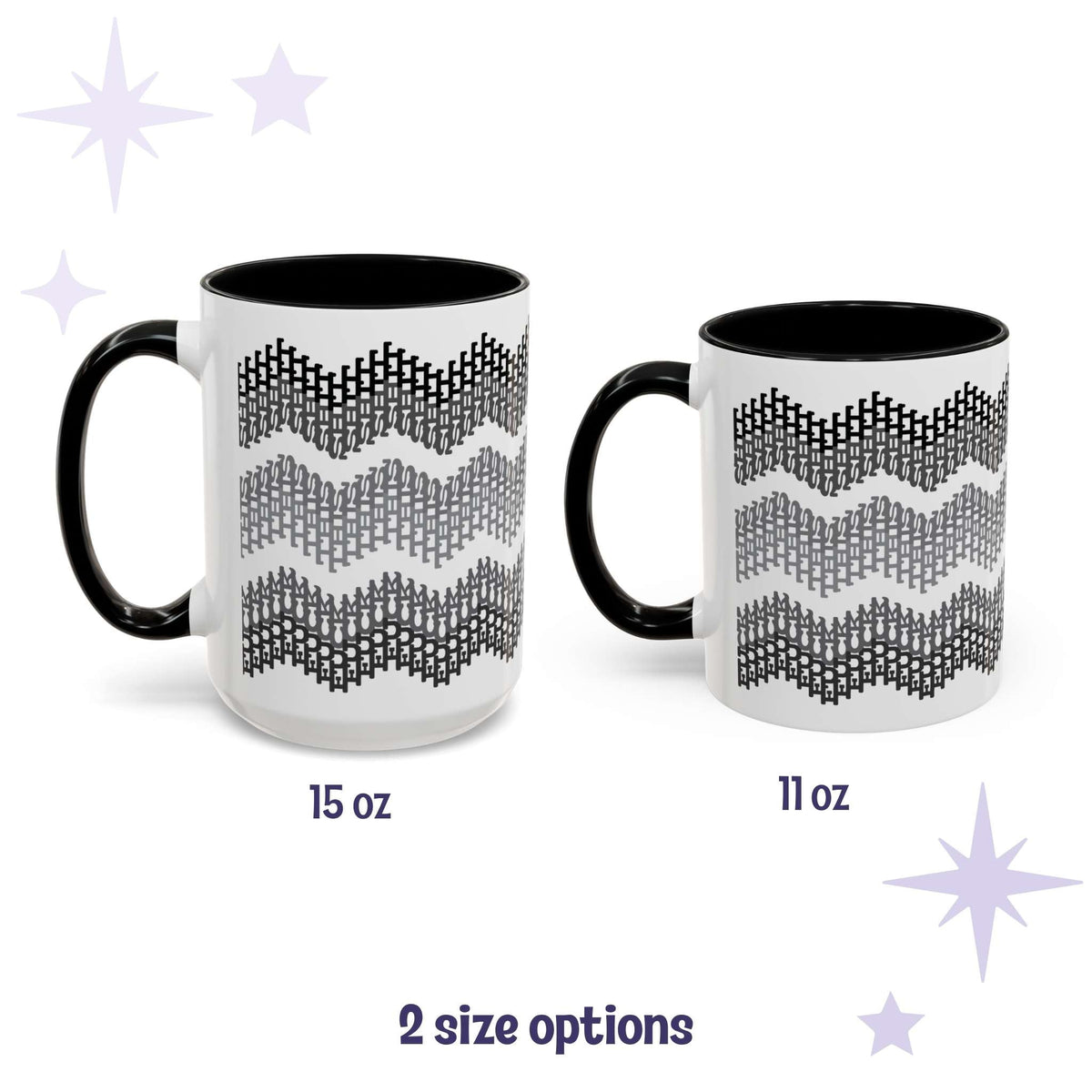 Hidden profanity accent mug in gray chevron shown in both 15oz and 11oz sizes side by side