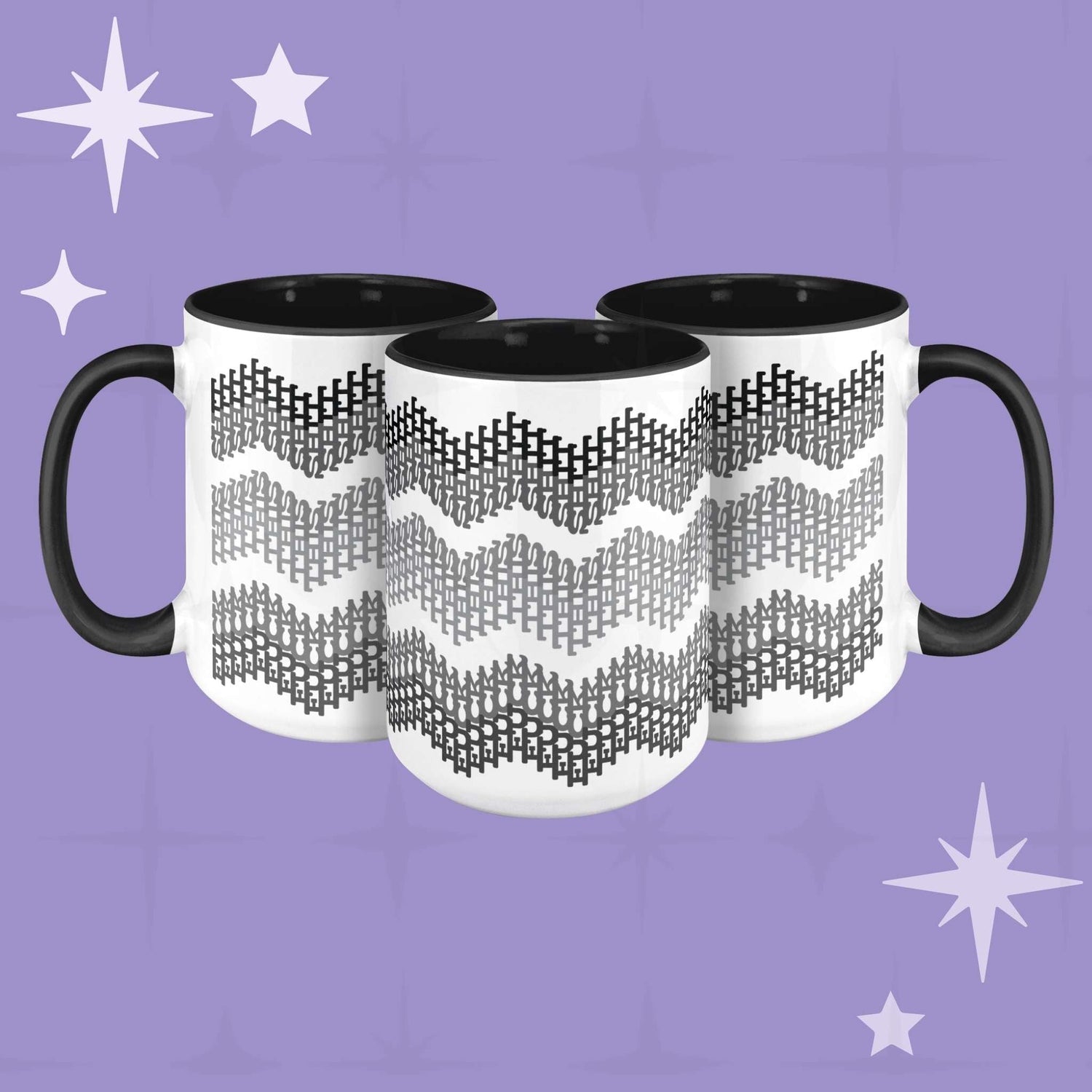 Three hidden profanity accent mugs with gray chevron pattern on purple background showing full wrap-around design