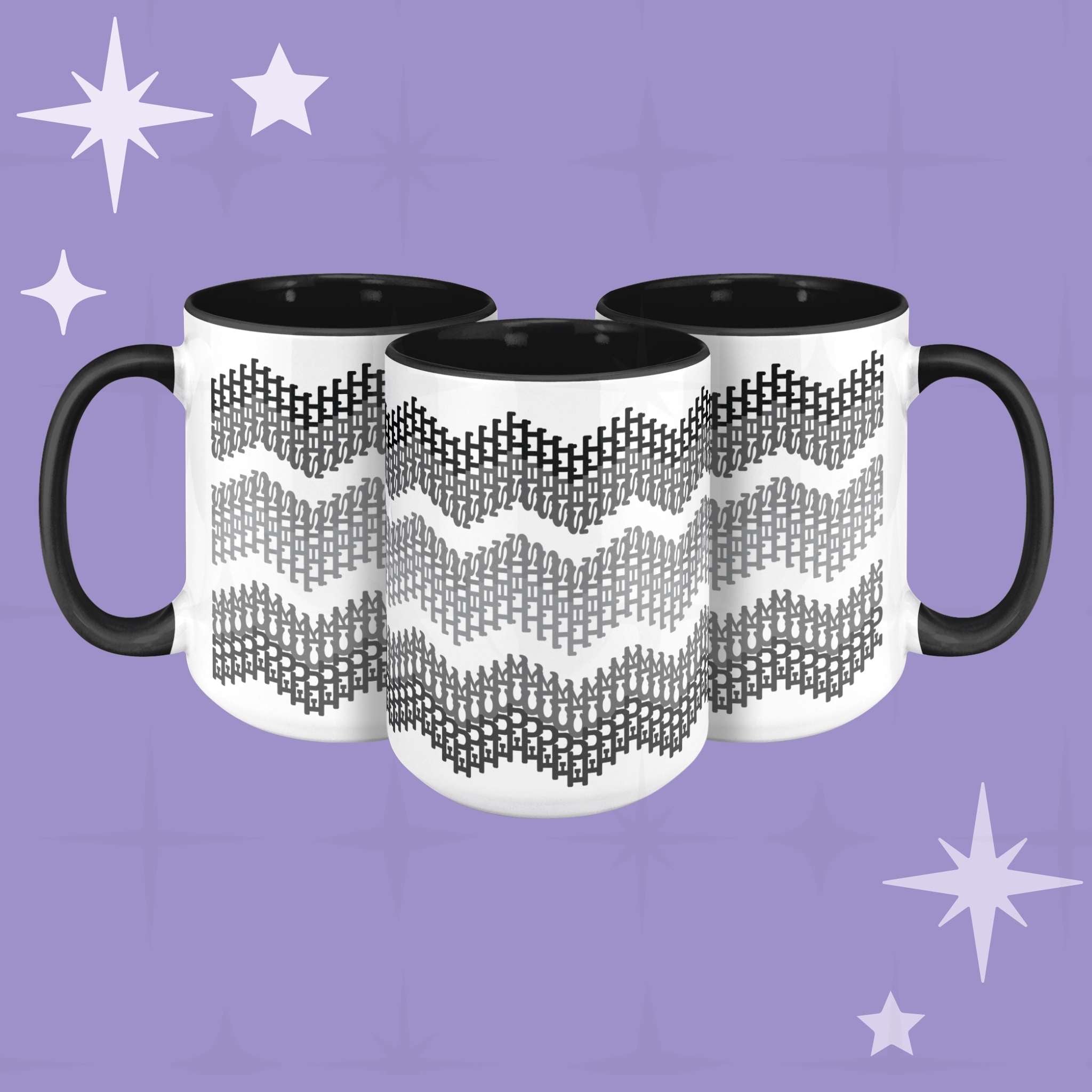 Three hidden profanity accent mugs with gray chevron pattern on purple background showing full wrap-around design