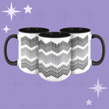Three hidden profanity accent mugs with gray chevron pattern on purple background showing full wrap-around design