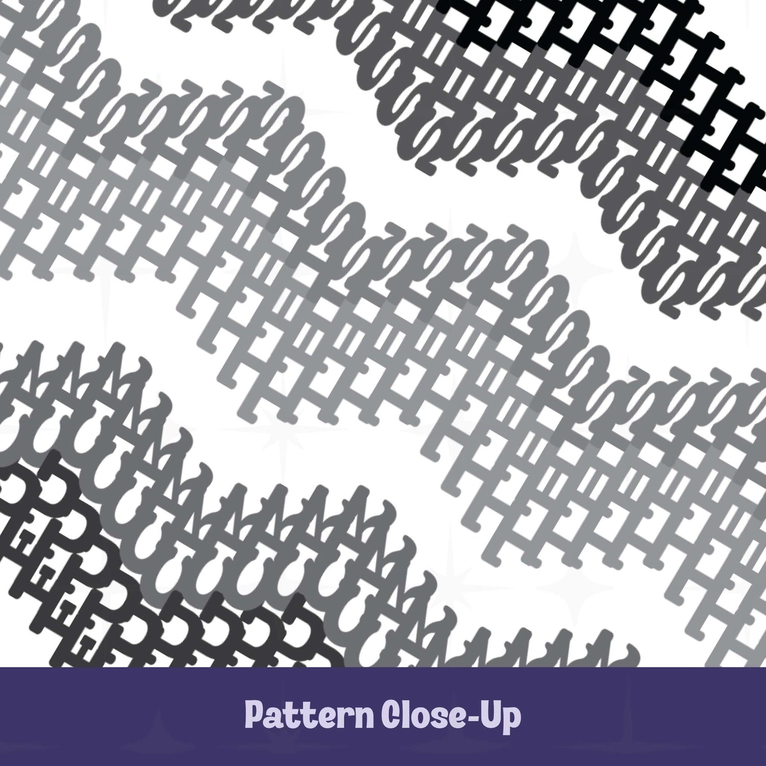 Close-up detail of interlocking gray typographic chevron pattern with hidden profanity letterforms on accent mug