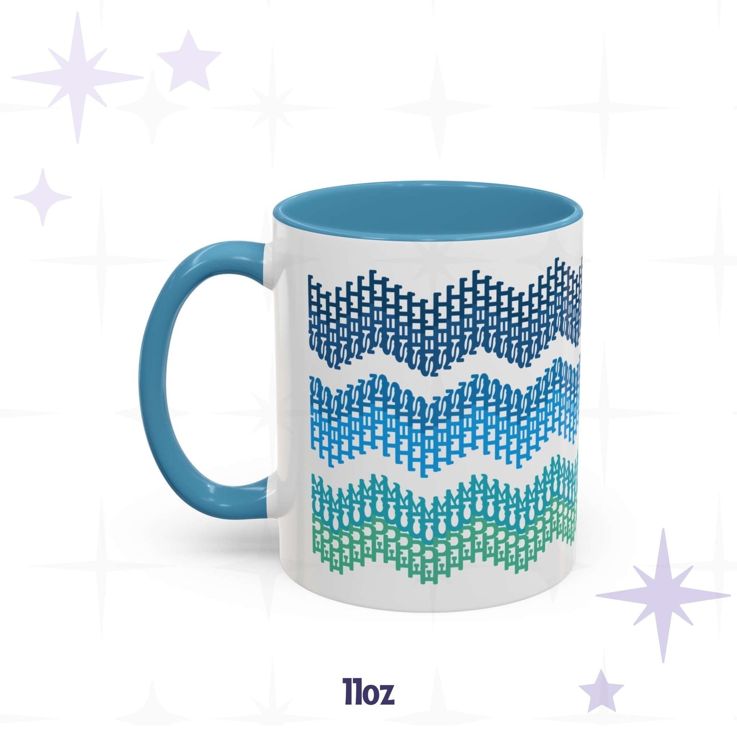11oz hidden profanity accent mug with ocean gradient typographic chevron pattern and blue handle and interior