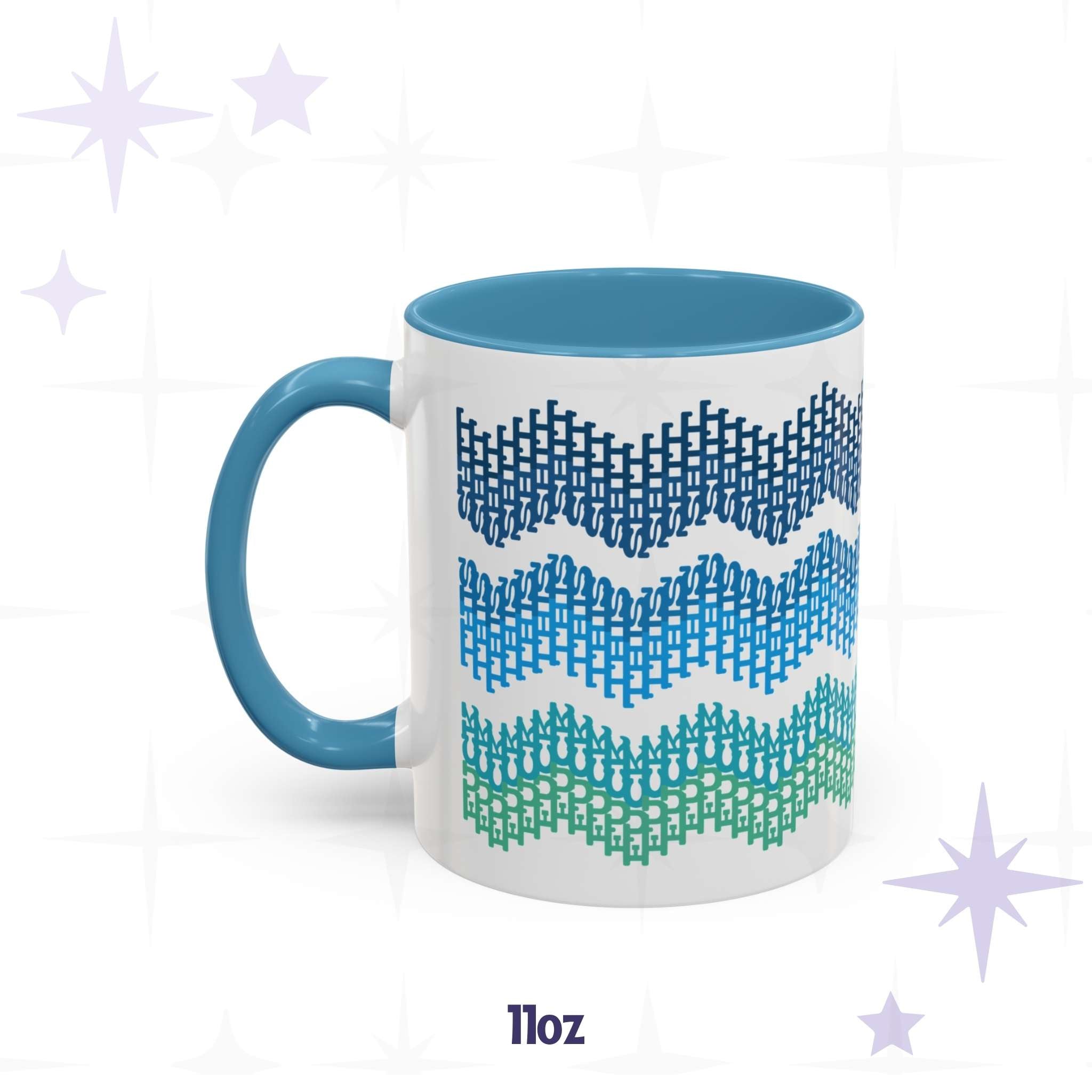 11oz hidden profanity accent mug with ocean gradient typographic chevron pattern and blue handle and interior