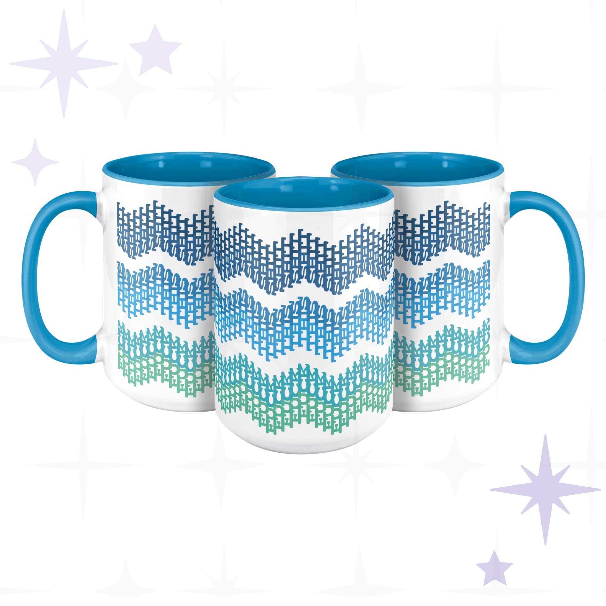 Three hidden profanity accent mugs with ocean ombre chevron pattern showing full wrap-around design from multiple angles