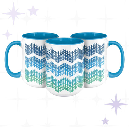 Three hidden profanity accent mugs with ocean ombre chevron pattern showing full wrap-around design from multiple angles