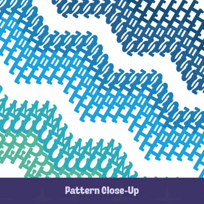 Close-up detail of interlocking ocean-toned typographic chevron pattern with hidden profanity letterforms in navy, blue, teal, and green
