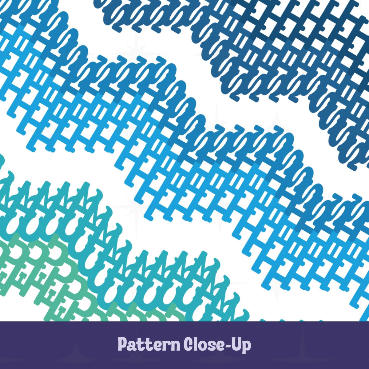 Close-up detail of interlocking ocean-toned typographic chevron pattern with hidden profanity letterforms in navy, blue, teal, and green
