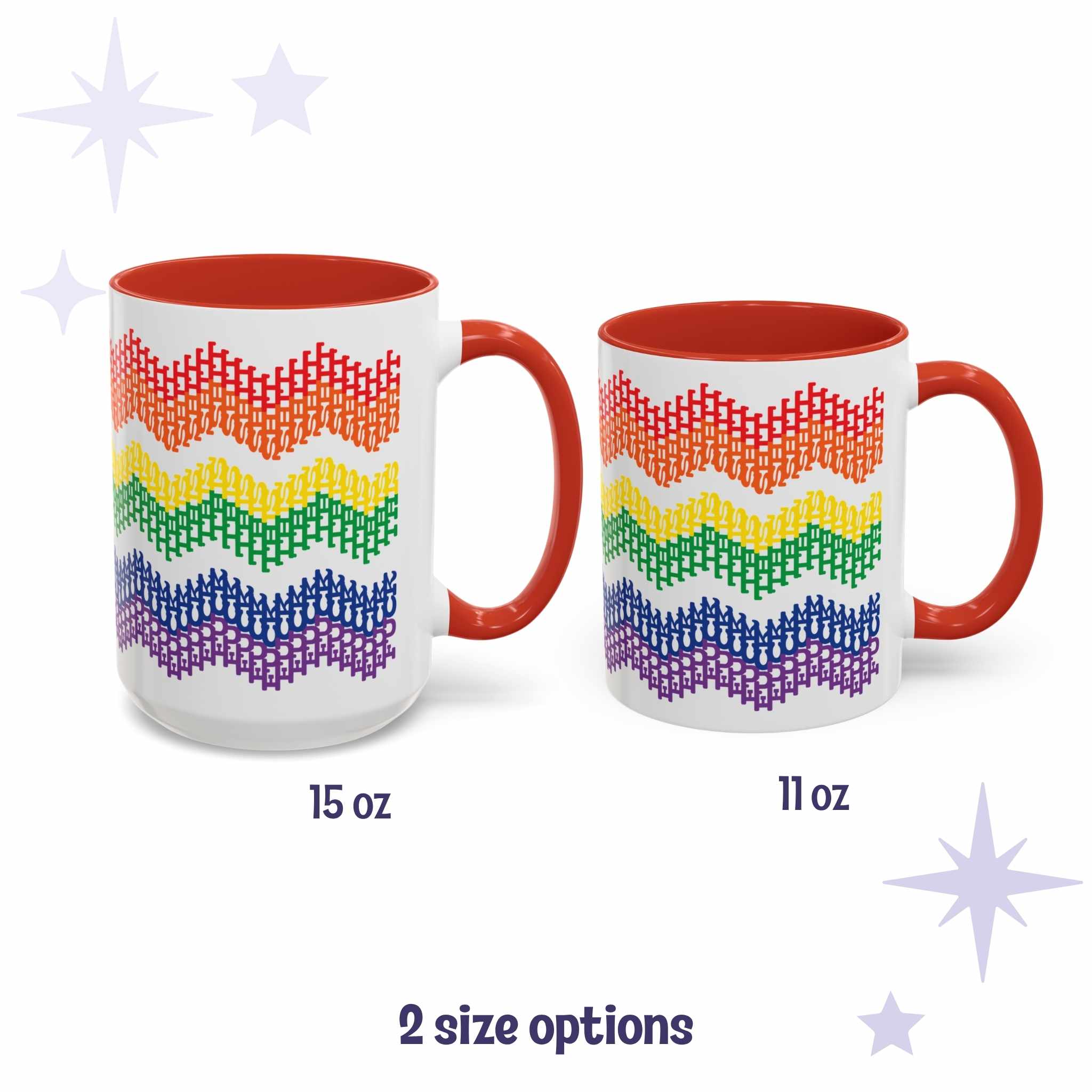 Rainbow hidden profanity accent mug shown in 15oz and 11oz sizes side by side with size labels