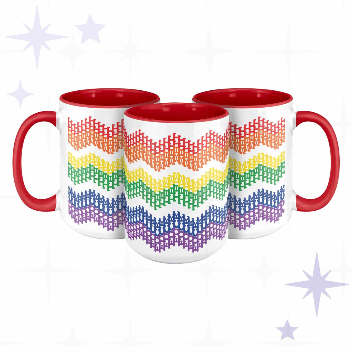 Three rainbow hidden profanity accent mugs showing chevron typography pattern from multiple angles, red handles