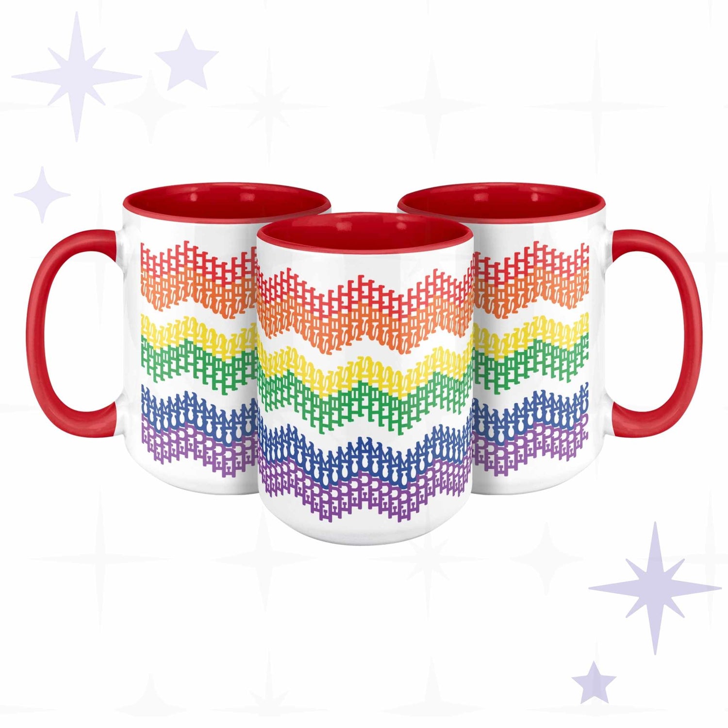 Three rainbow hidden profanity accent mugs showing chevron typography pattern from multiple angles, red handles
