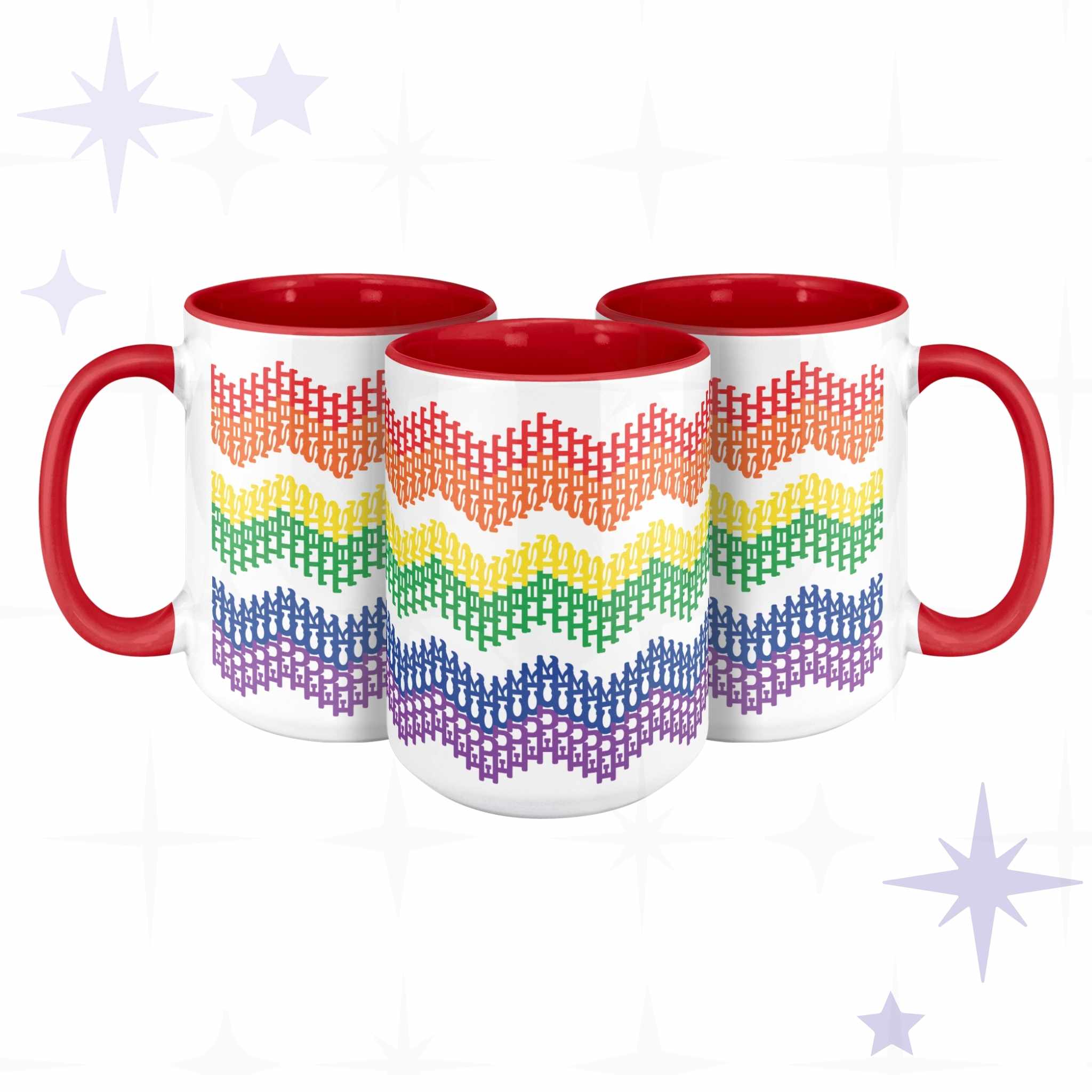 Three rainbow hidden profanity accent mugs showing chevron typography pattern from multiple angles, red handles