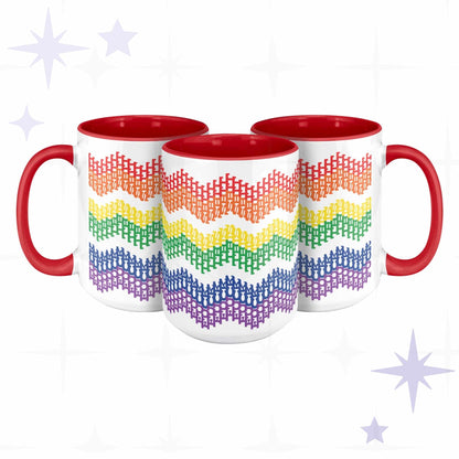 Three rainbow hidden profanity accent mugs showing chevron typography pattern from multiple angles, red handles
