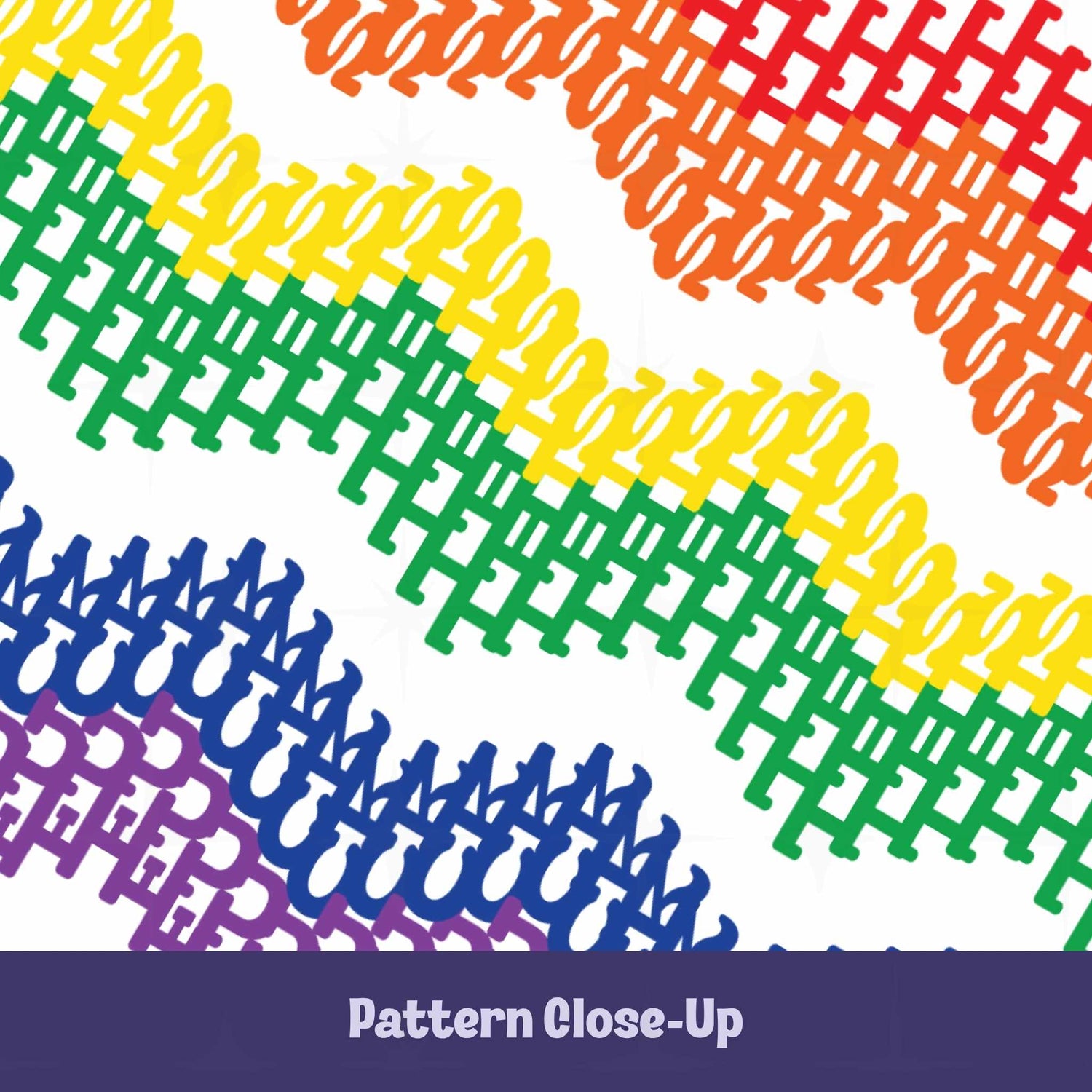 Close-up detail of rainbow chevron typography pattern showing hidden profanity letterforms in red, orange, yellow, green, blue, and purple