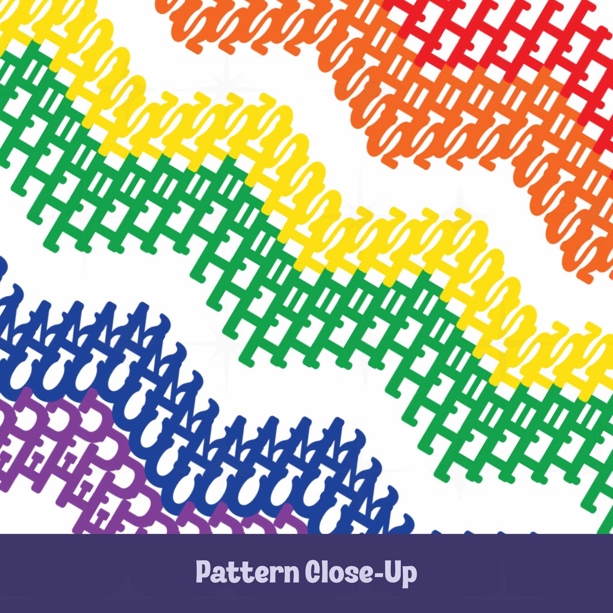 Close-up detail of rainbow chevron typography pattern showing hidden profanity letterforms in red, orange, yellow, green, blue, and purple