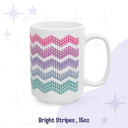 Bright stripes hidden profanity chevron mug 15oz in hot pink berry purple blue and teal graduated zigzag on white ceramic