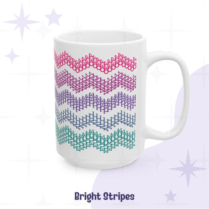 Bright stripes hidden profanity chevron mug 15oz in hot pink berry purple blue and teal graduated zigzag on white ceramic