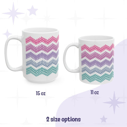 Side by side size comparison of bright stripes hidden profanity chevron mug in 15oz and 11oz