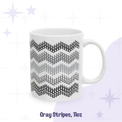 Hidden profanity chevron mug 11oz in gray stripes colorway, monochrome geometric text pattern on white ceramic