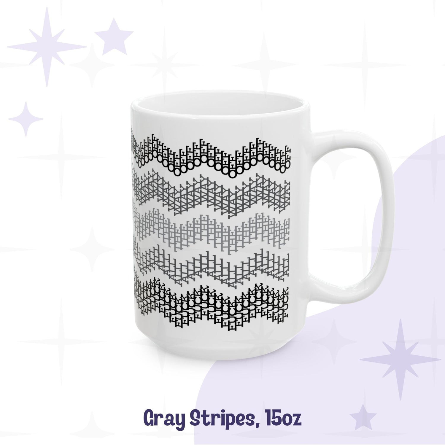 Gray stripes hidden profanity chevron mug 15oz, black to light gray graduated zigzag pattern on white ceramic, handle facing right