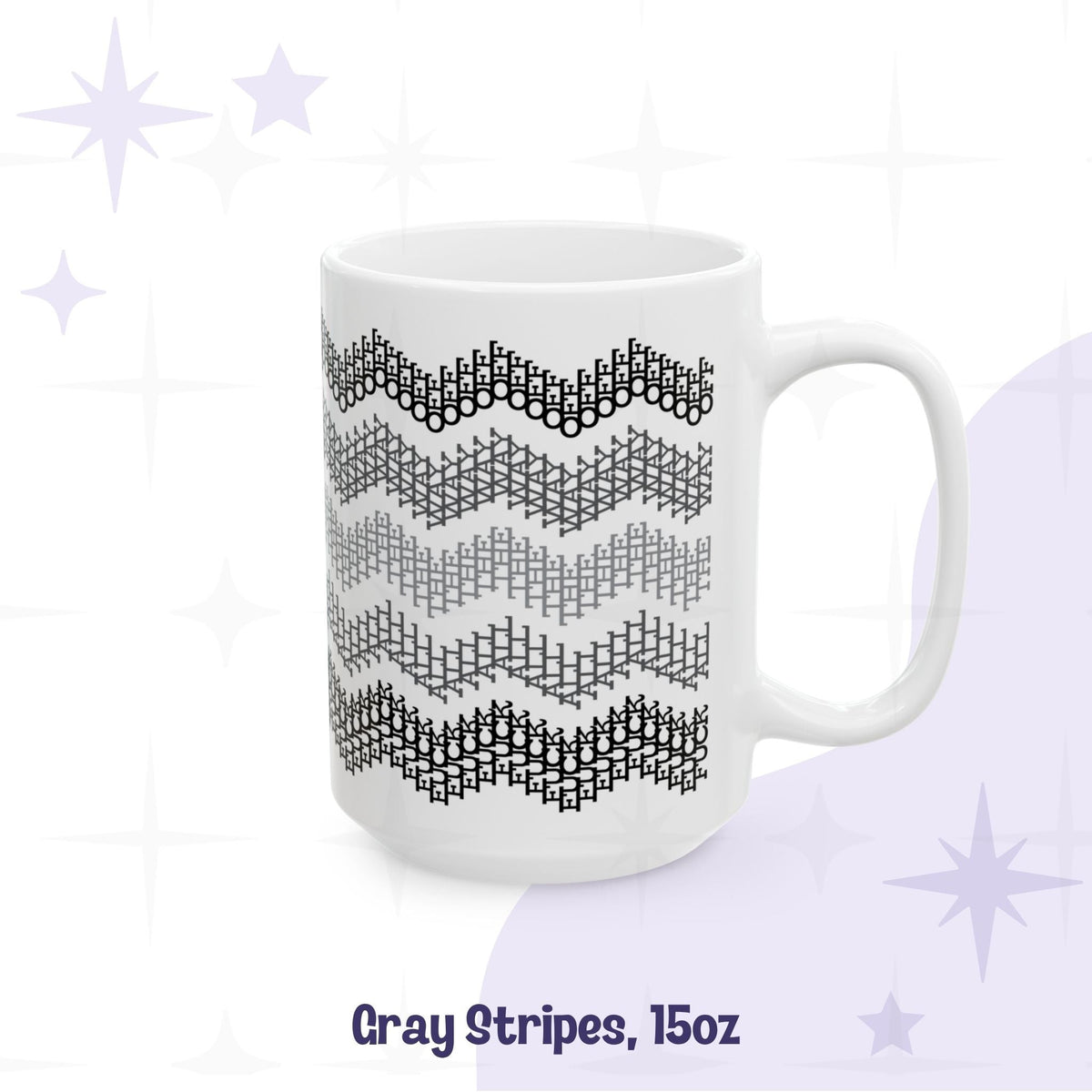 Gray stripes hidden profanity chevron mug 15oz, black to light gray graduated zigzag pattern on white ceramic, handle facing right