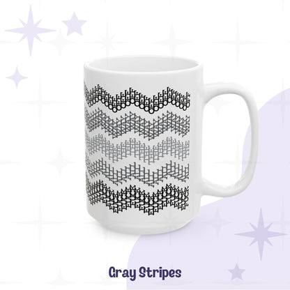 Gray stripes hidden profanity mug 15oz alternate angle showing full wrap chevron pattern in graduated grays