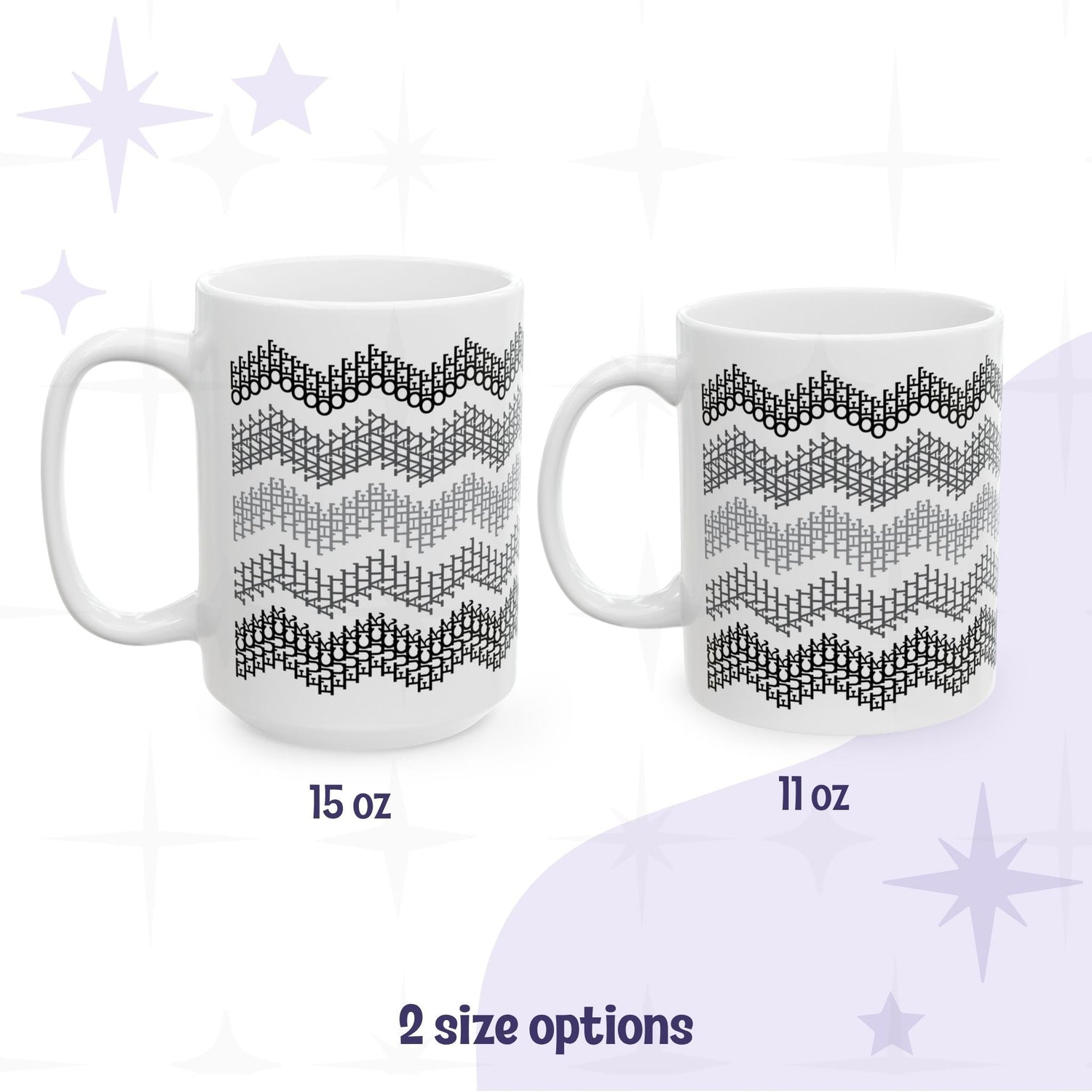 Side by side size comparison of gray stripes hidden profanity chevron mug in 15oz and 11oz on white background