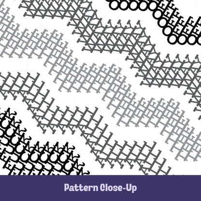 Close-up of gray and black chevron stripe pattern on hidden profanity mug revealing Fuck All The Way Off spelled out in interlocking geometric letterforms