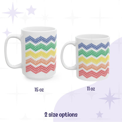 Side by side size comparison of rainbow stripes hidden profanity chevron mug in 15oz and 11oz