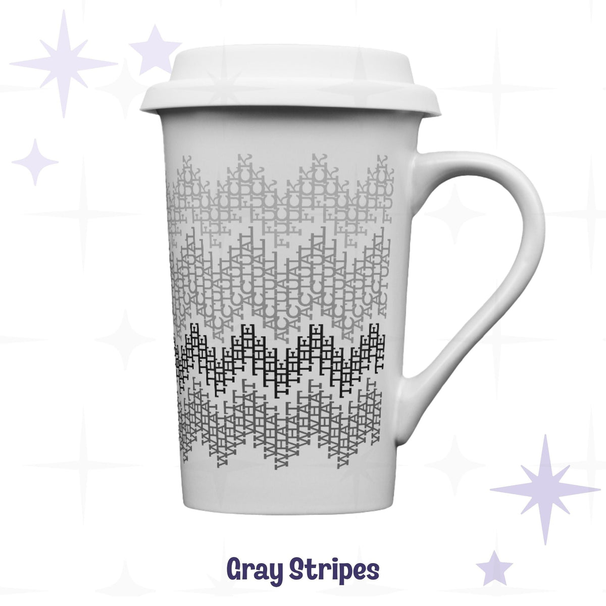 Gray stripes hidden profanity latte mug 16oz front view, geometric swear word pattern in graduated grays on white matte ceramic with silicone lid