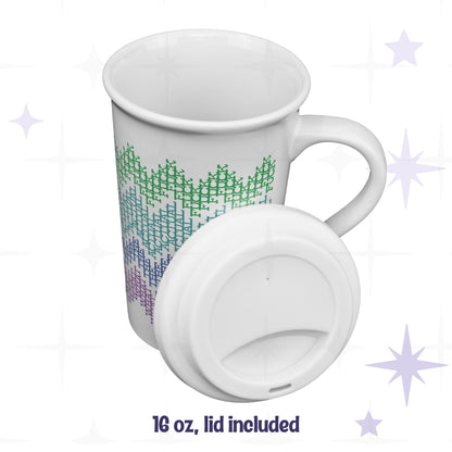 Hidden profanity latte mug in bright stripes colorway shown with removable white silicone lid, 16oz ceramic, lid detail showing sip opening