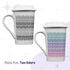 Hidden profanity latte mug in gray stripes and bright stripes colorways side by side, knit stitch text pattern hiding I do not have time for your bullshit on white ceramic with lid