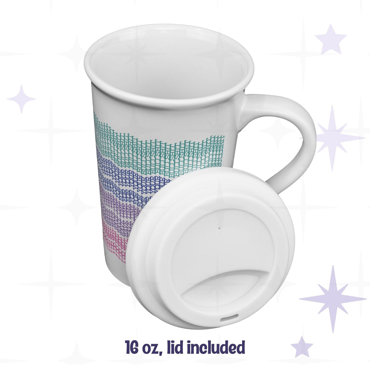 Bright stripes hidden profanity latte mug shown with removable silicone lid, 16oz ceramic, teal blue purple pink knit stitch pattern