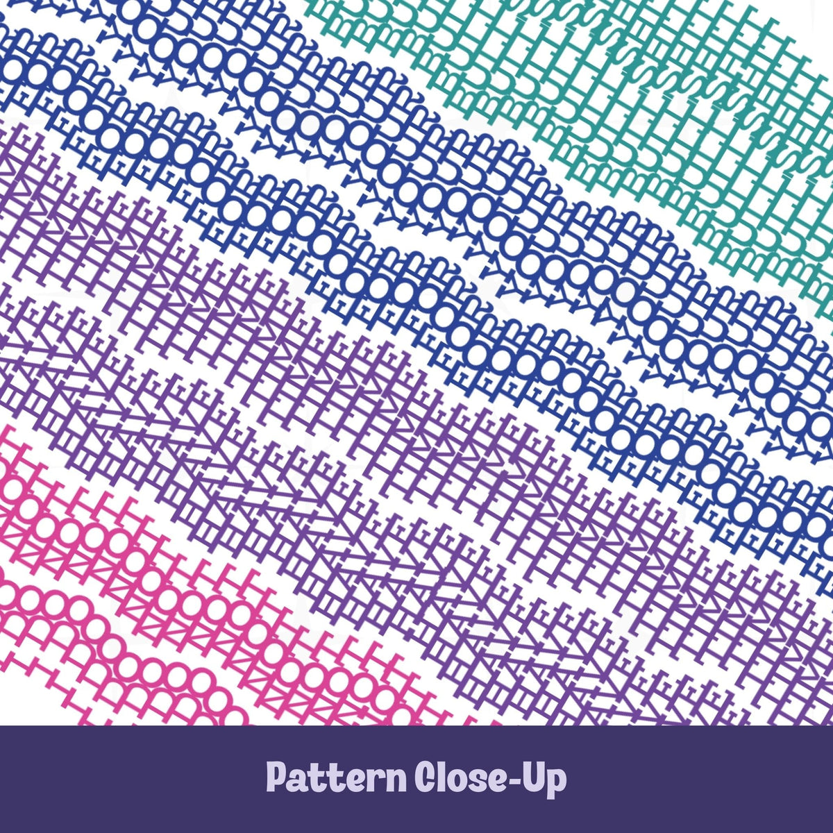 Close-up of bright stripes hidden profanity latte mug pattern in teal blue purple and pink, revealing text I do not have time for your bullshit disguised as knit stitches