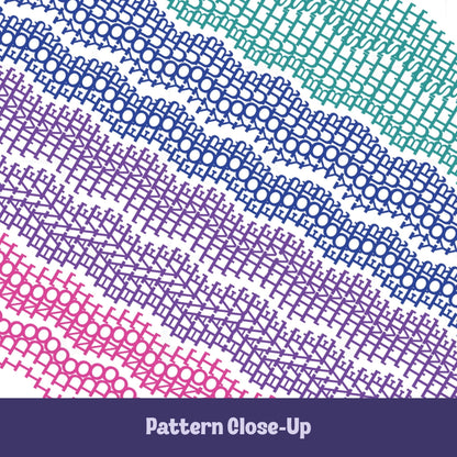 Close-up of bright stripes hidden profanity latte mug pattern in teal blue purple and pink, revealing text I do not have time for your bullshit disguised as knit stitches