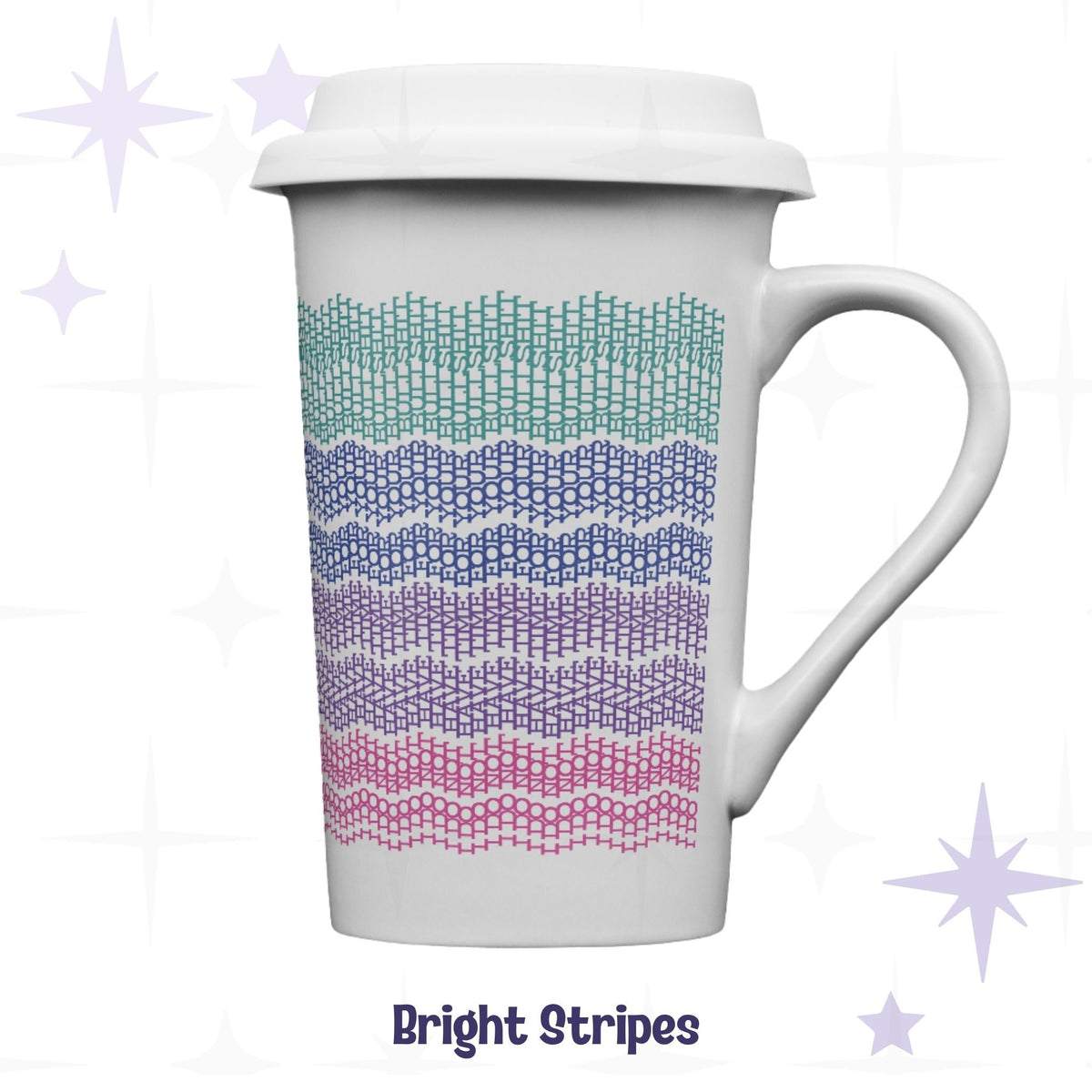 Bright stripes hidden profanity latte mug 16oz in teal blue purple pink ombre, knit stitch swear word pattern on white ceramic with lid