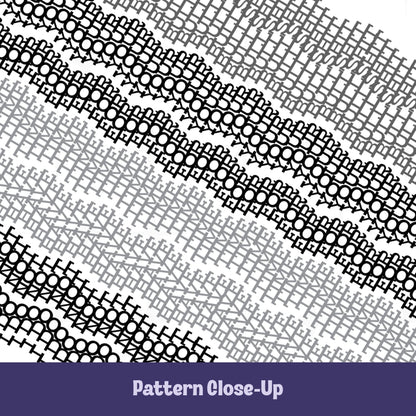 Close-up of gray stripes hidden profanity latte mug pattern in charcoal and gray, revealing text I do not have time for your bullshit in knit stitch letterforms