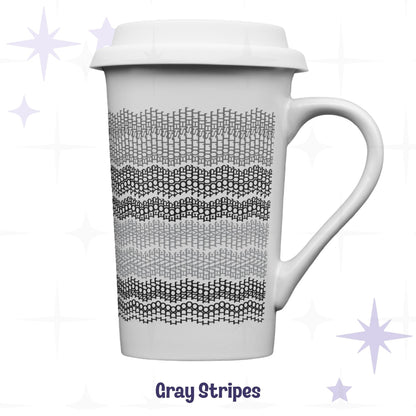 Gray stripes hidden profanity latte mug 16oz in light gray to charcoal ombre, knit stitch text pattern on white ceramic with lid