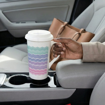 Bright stripes hidden profanity latte mug in car cupholder, teal blue purple pink ombre knit stitch pattern on 16oz ceramic with lid