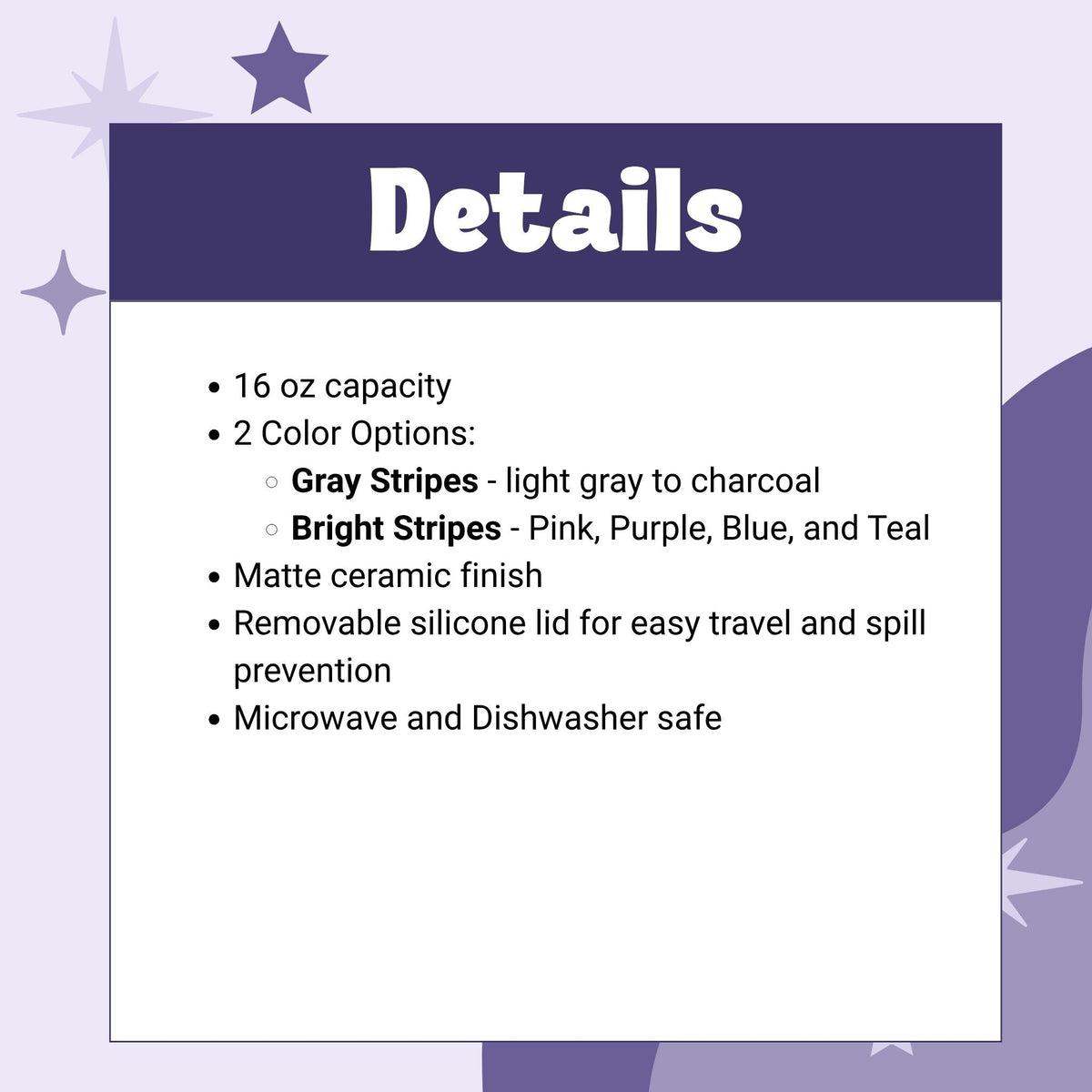 Product details card for hidden profanity latte mug showing 16oz capacity, 2 color options gray stripes and bright stripes, matte ceramic finish, removable silicone lid, microwave and dishwasher safe